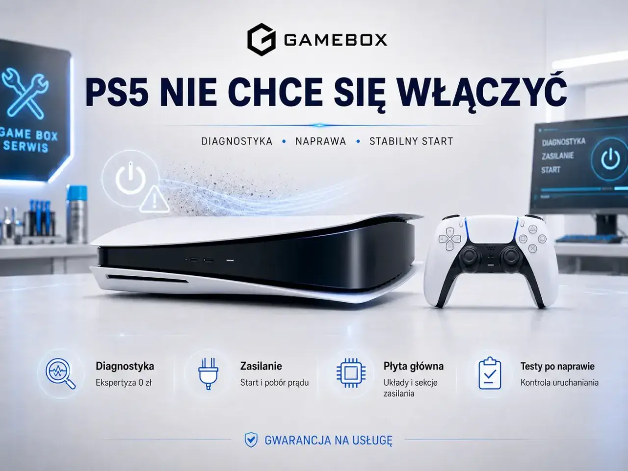 Konsola PS5 i kontroler na stole, z ikonami usług serwisowych poniżej.
