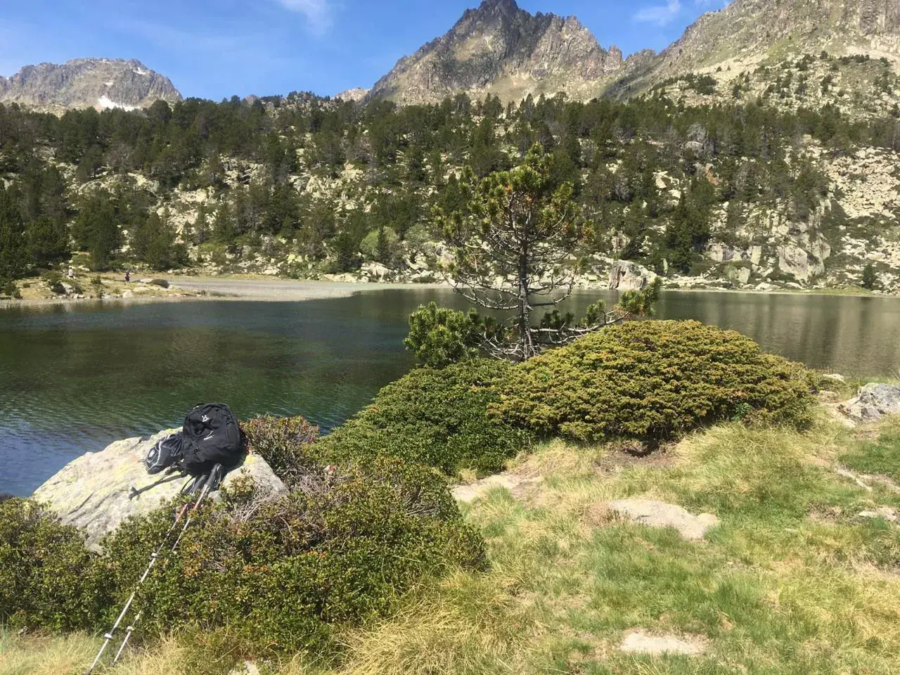 Mochila y bastones de senderismo junto a un llac de pessons, rodeado de pinos y montañas rocosas.