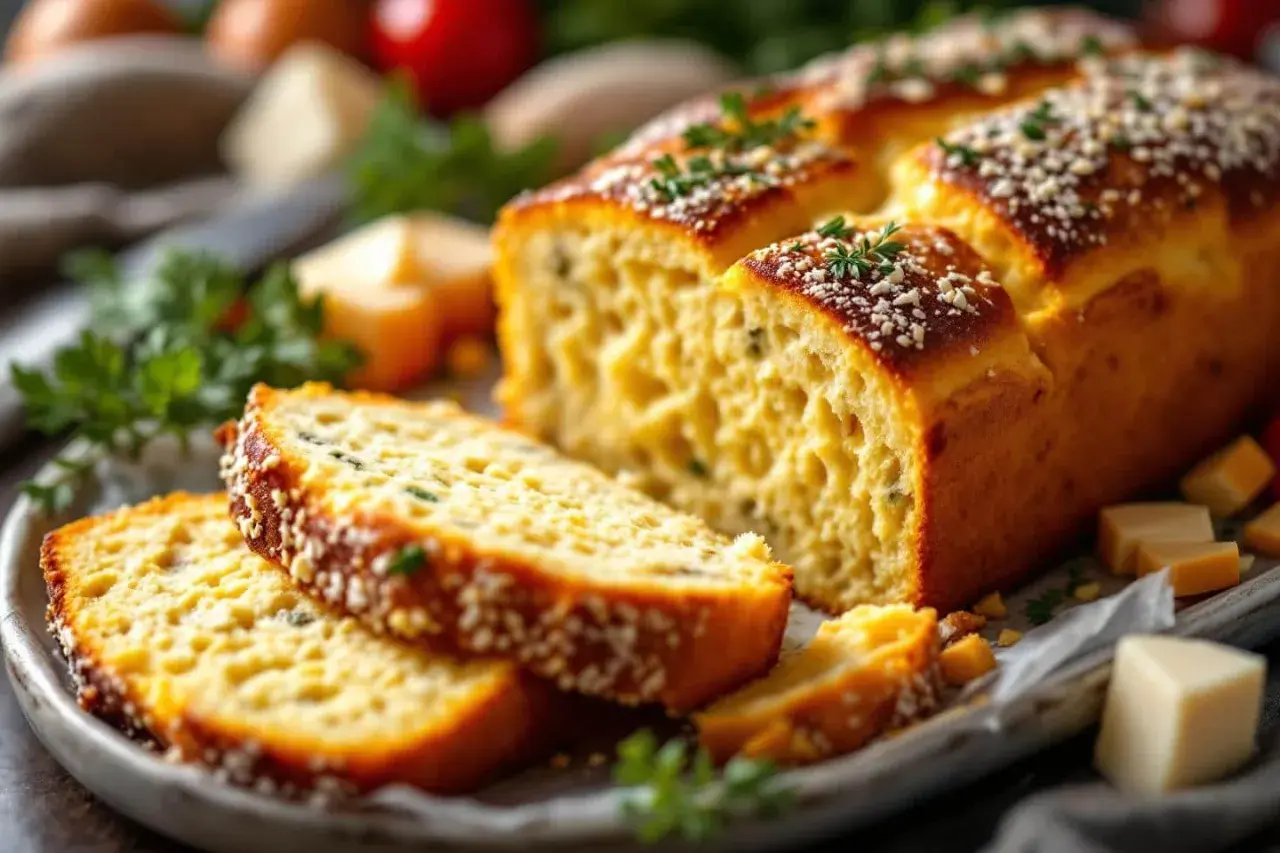 Tranche d'un délicieux base cake salé, garni de persil et de graines. Des dés de fromage et des herbes fraîches complètent cette gourmandise.