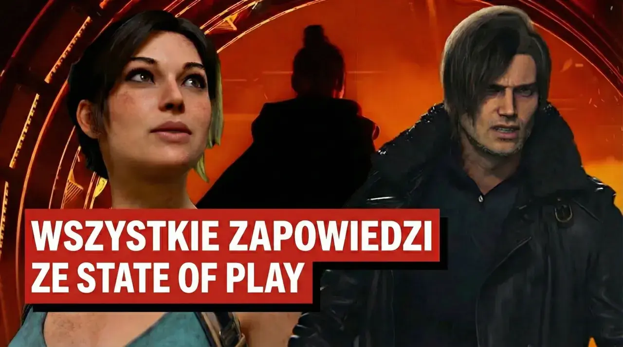 Zapowiedzi ze State of Play: zbliżenie na twarze postaci z gry, w tle czerwona poświata.