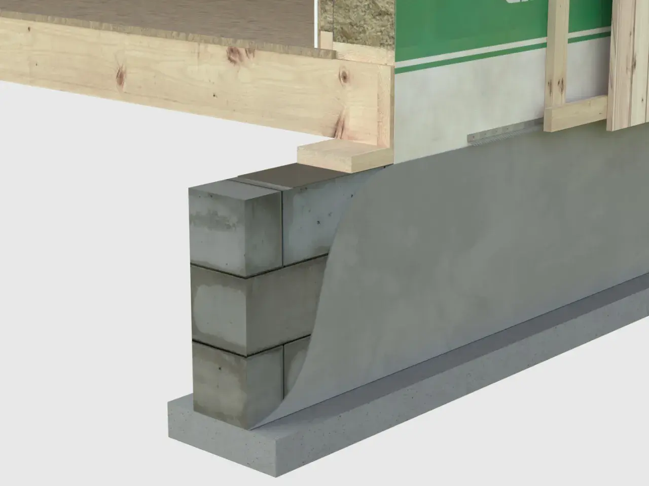 Detaljerad vy av syll på betongplatta med isolering och trästomme.