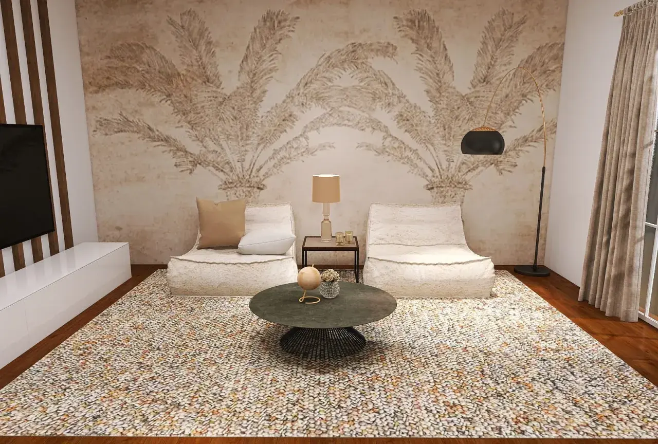 Gemütliche Sitzsäcke und ein runder Couchtisch laden zum puristisch wohnen ein. Die Wandtapete mit Palmenmotiv und der Teppich schaffen eine entspannte Atmosphäre.