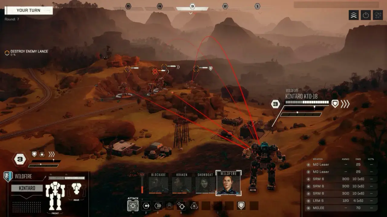 Bitwa mechów w grze strategicznej, widok z góry, czerwone linie celowania.