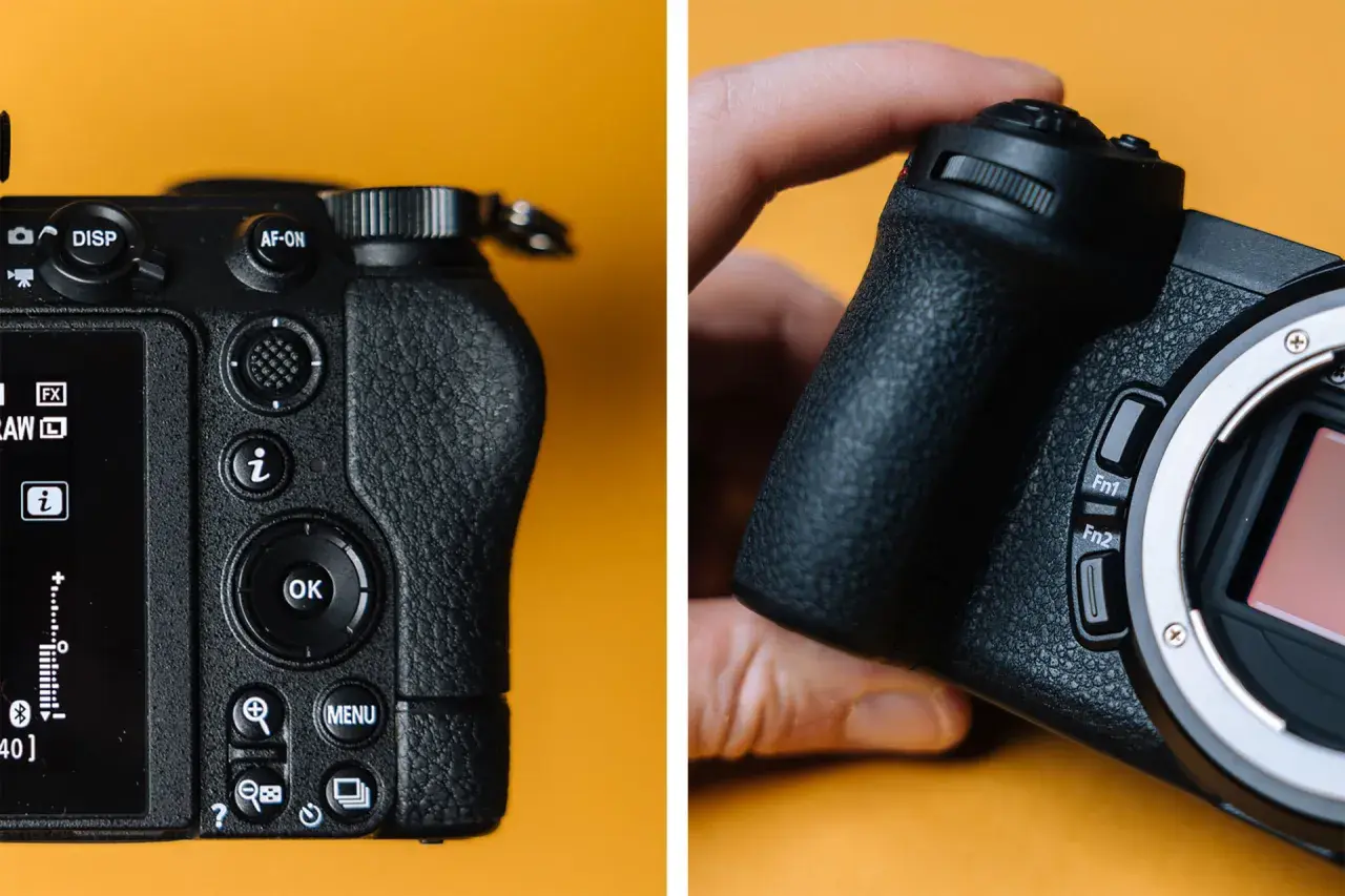 Zbliżenie na aparat Nikon Z6 II podczas testu. Widoczne przyciski sterujące, ekran LCD i uchwyt aparatu.