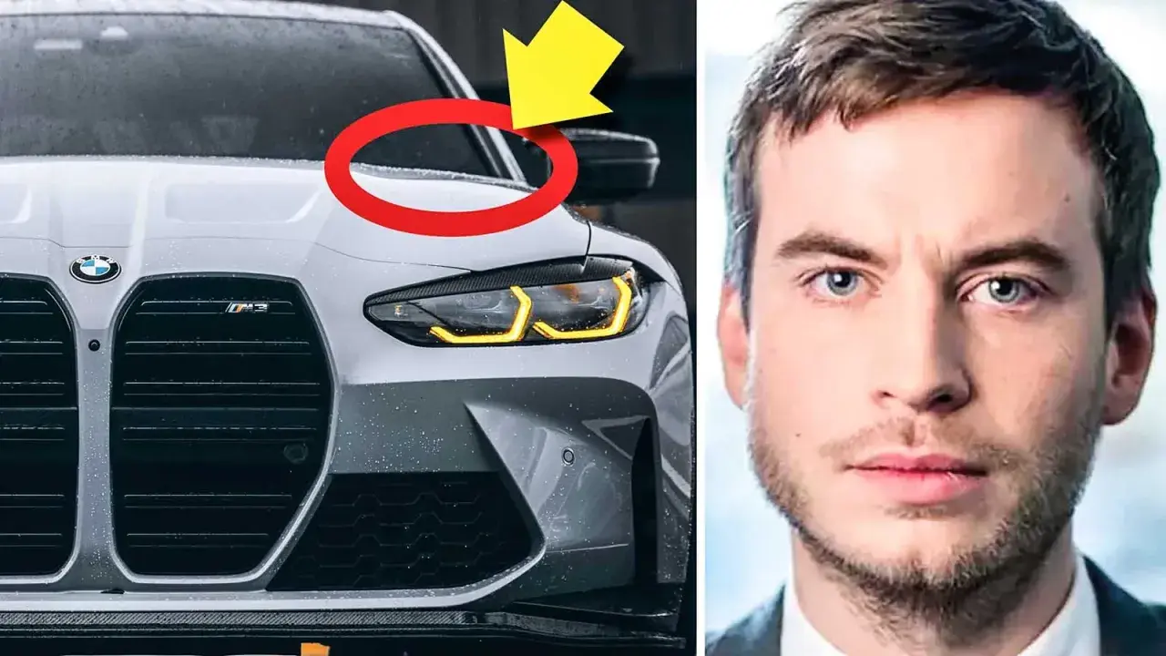 En man tittar intensivt bredvid en BMW M3, en bil med en distinkt årsmodell.