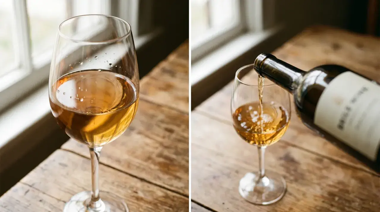 Ein Glas Wein steht auf einem Holztisch. Daneben wird Wein aus einer Flasche in ein Glas gegossen. Der Wein hat eine goldene Farbe, und man sieht kleine Bläschen, die auf den geringen Gehalt an Sulfite im Wein hindeuten könnten.