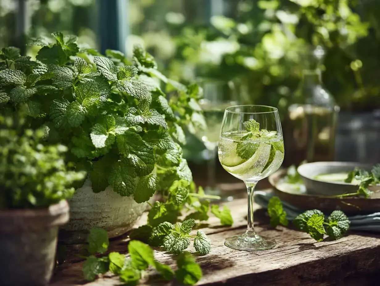 En uppfriskande drink med gurka och mynta, perfekt för ett citronmeliss recept. Gröna blad och en flaska i bakgrunden.