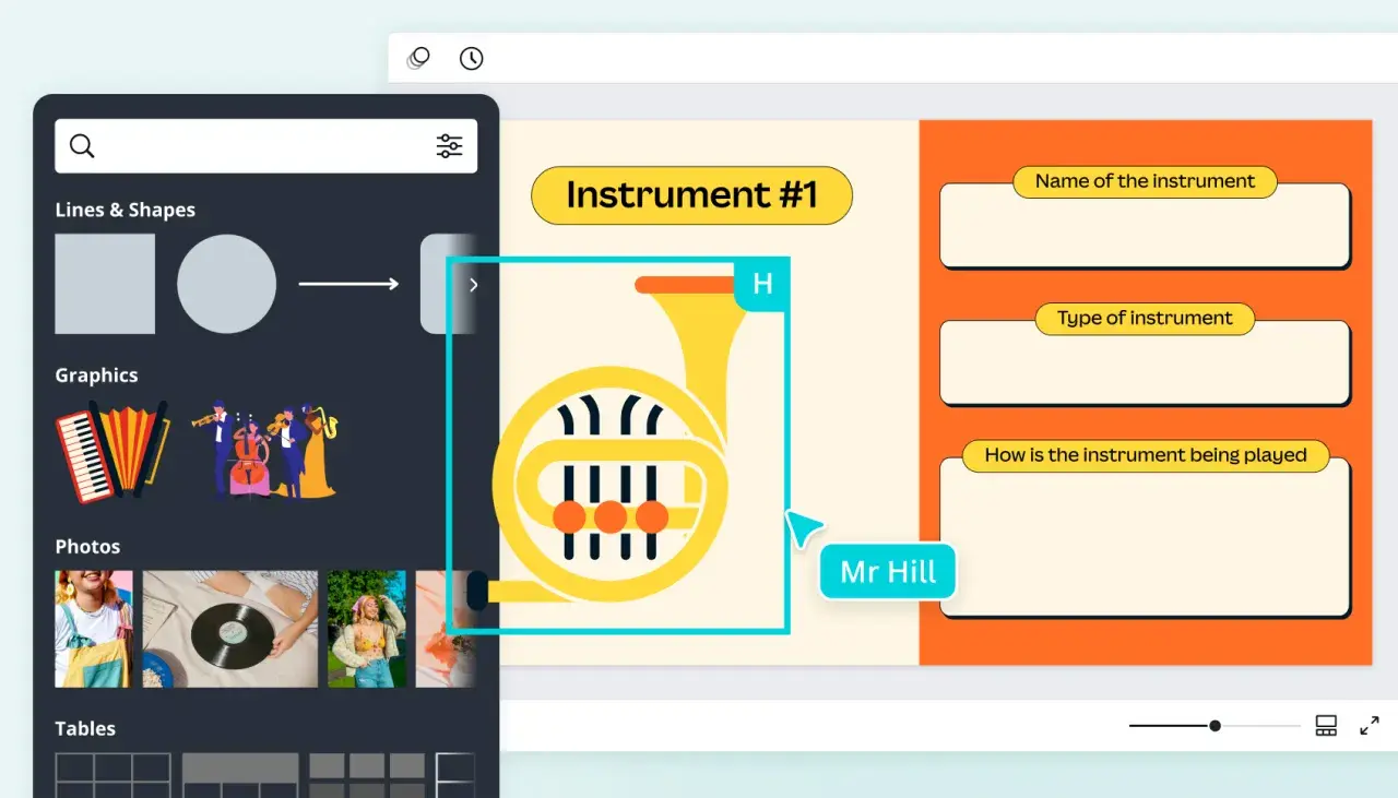 Tworzenie quizów o instrumentach muzycznych. Na ekranie widać grafikę waltorni i pola do wpisania nazwy, typu i sposobu gry.