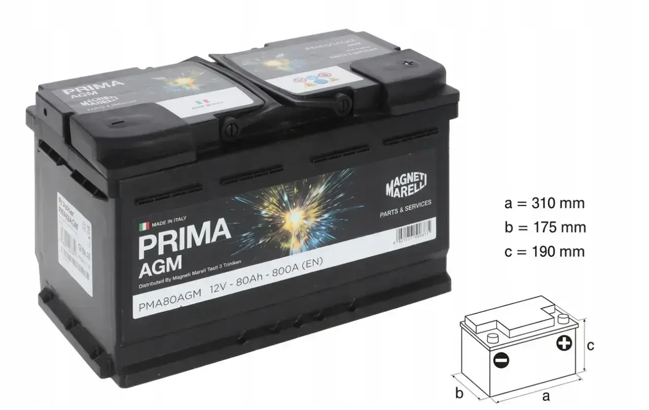 Akumulator Prima AGM 12V-80Ah, idealny do Opla Vivaro 2.0 CDTI. Wymiary: 310x175x190 mm.