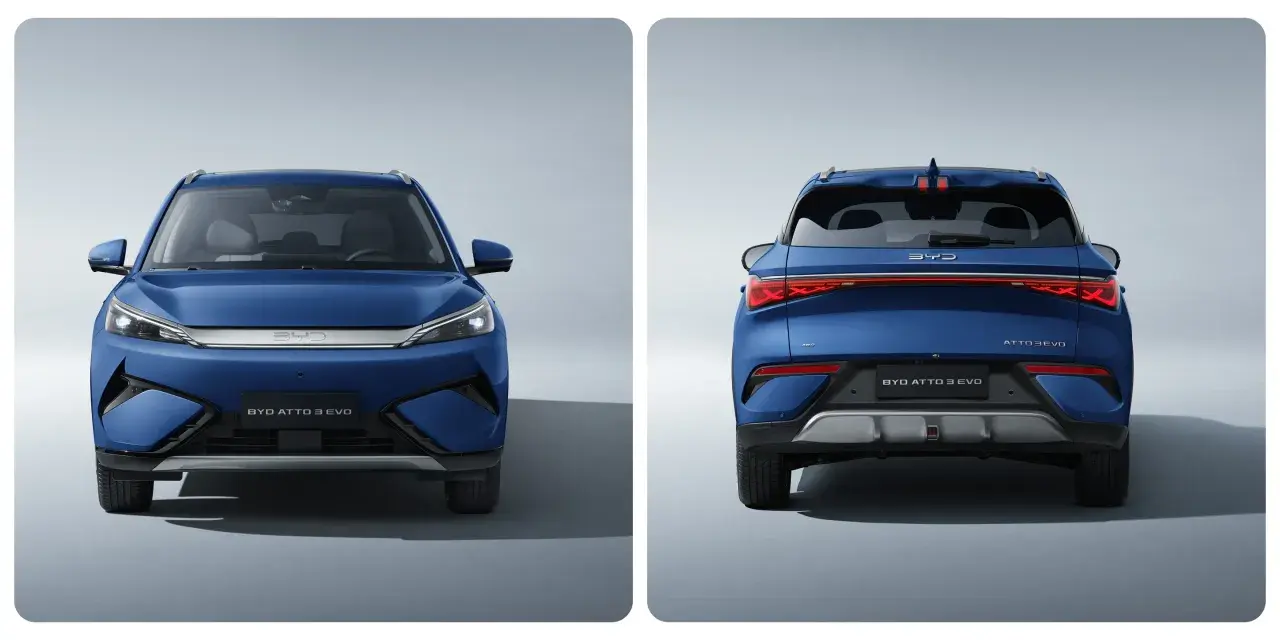 Dwa ujęcia niebieskiego BYD ATTO 3 EVO: przód i tył. Elegancki SUV z nowoczesnym designem.