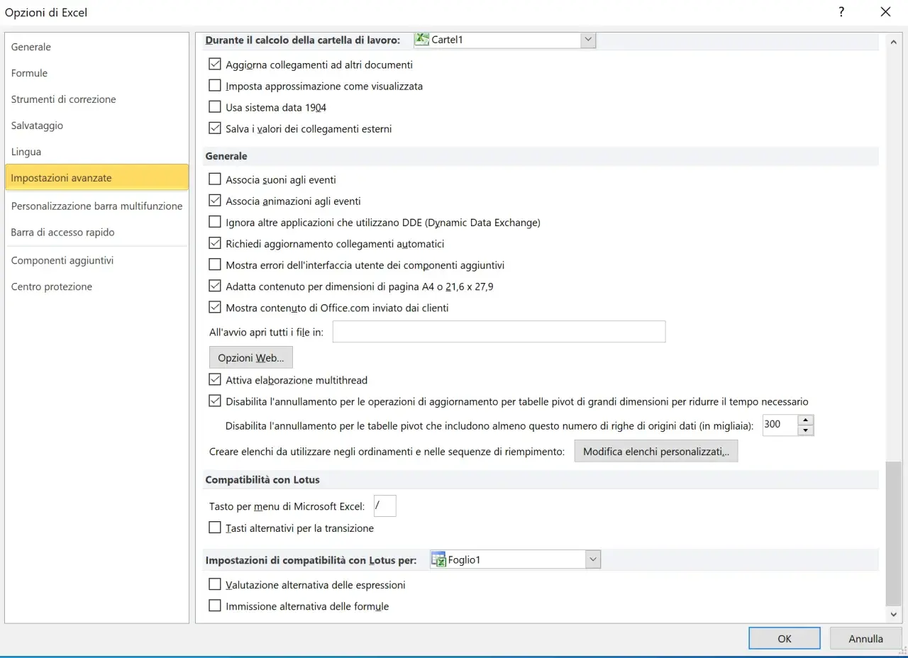 Finestra "Opzioni di Excel" con "Impostazioni avanzate" selezionate. Si vedono opzioni per il calcolo, la compatibilità con Lotus e altre impostazioni generali.