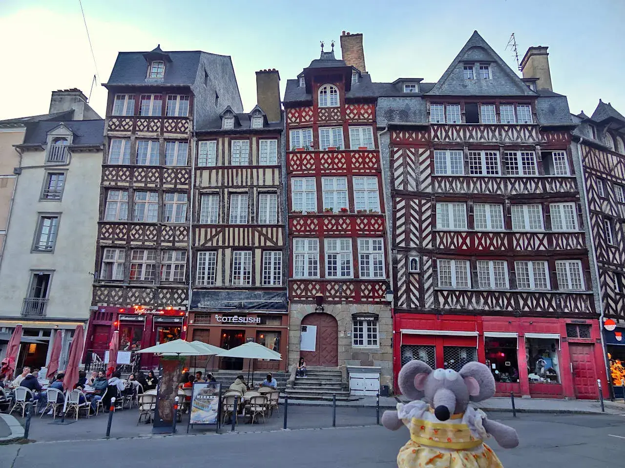 Une souris en peluche pose devant des maisons à colombages colorées, un aperçu de ce que faire à Rennes.