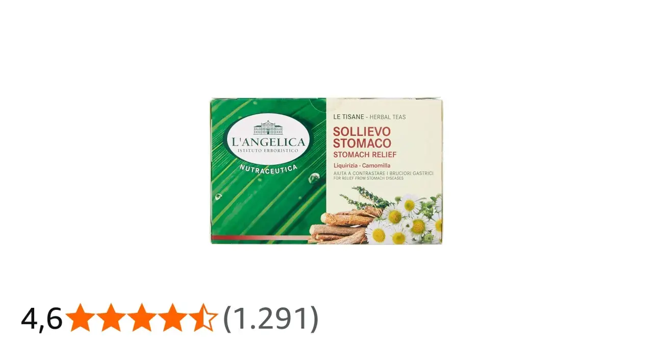Tisana Sollievo Stomaco L'Angelica, con liquirizia e camomilla, per contrastare bruciori gastrici. Non tutte le tisane fanno male allo stomaco, questa è studiata per il benessere gastrico.