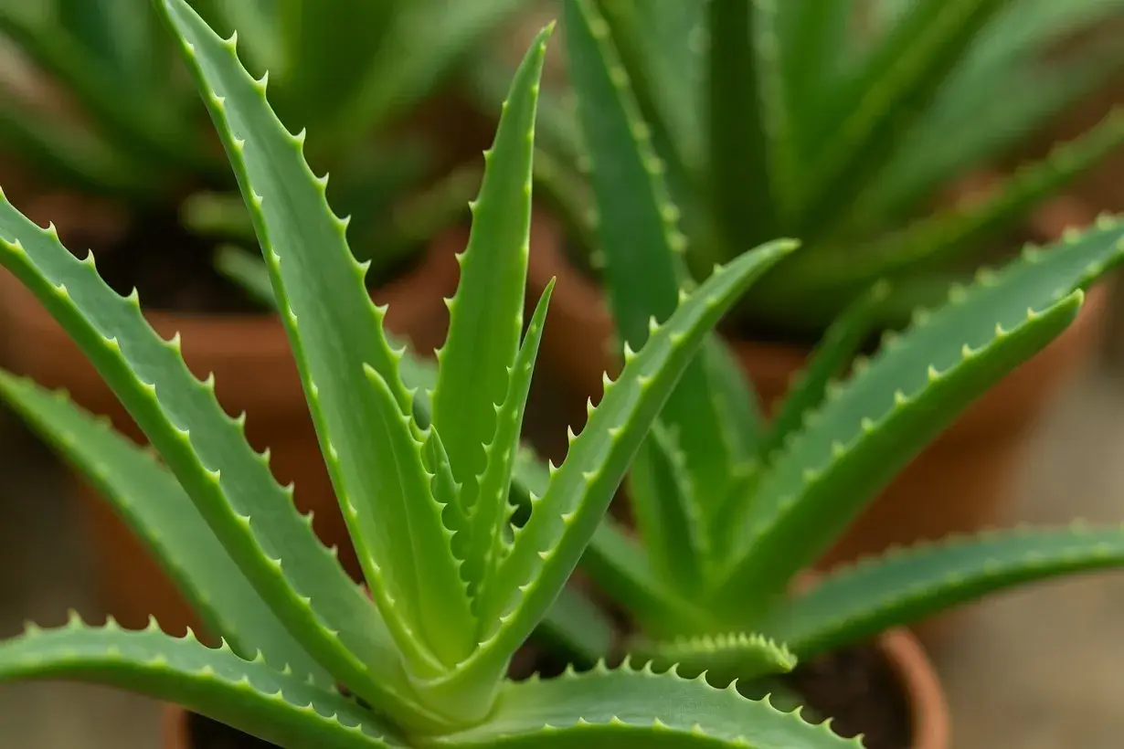Foglie carnose e verdi di aloe vera, con bordi seghettati, in vasi di terracotta.