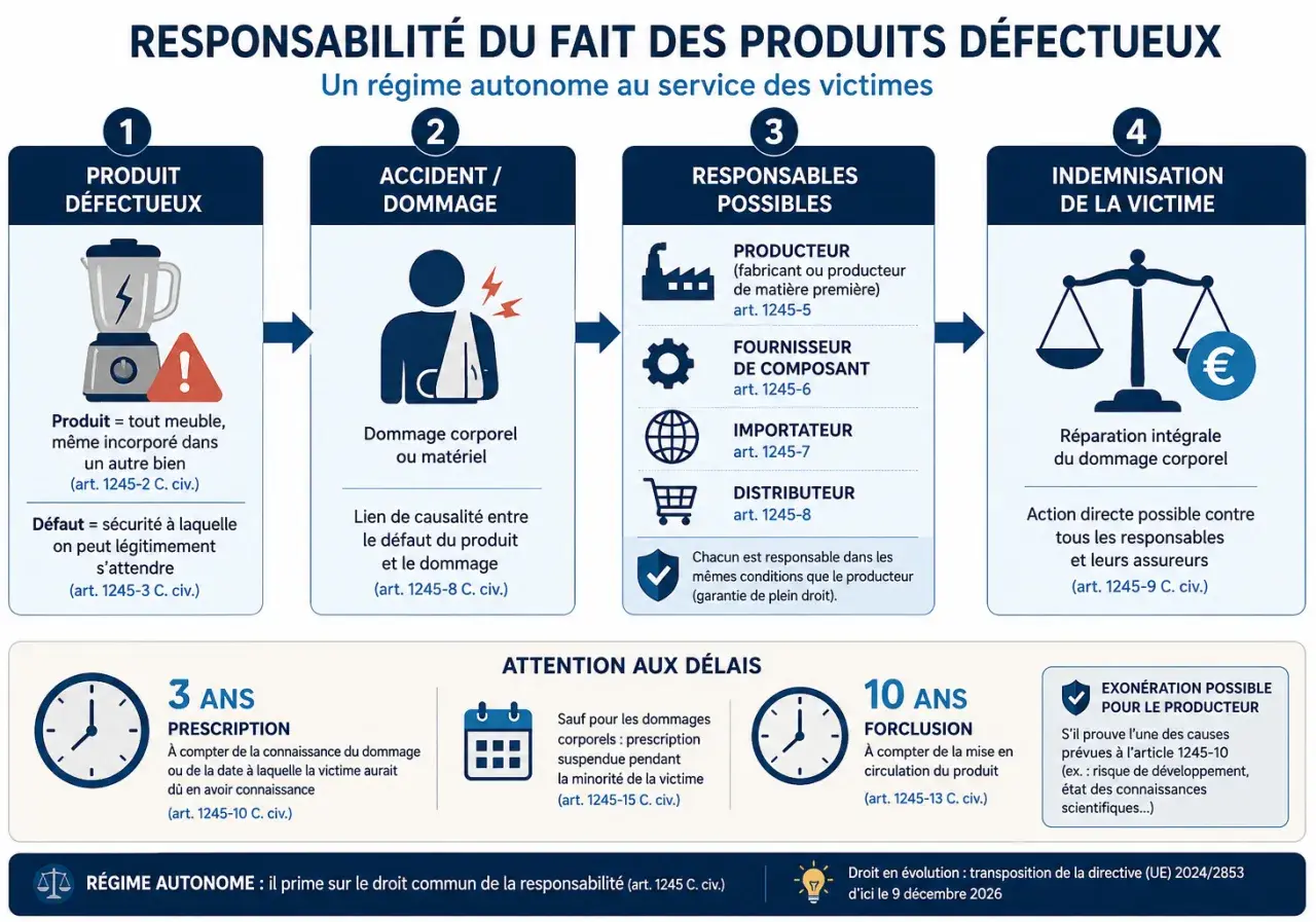 Schéma du régime de responsabilité du fait des produits défectueux. Le responsable légal peut être le producteur, le fournisseur, l'importateur ou le distributeur.