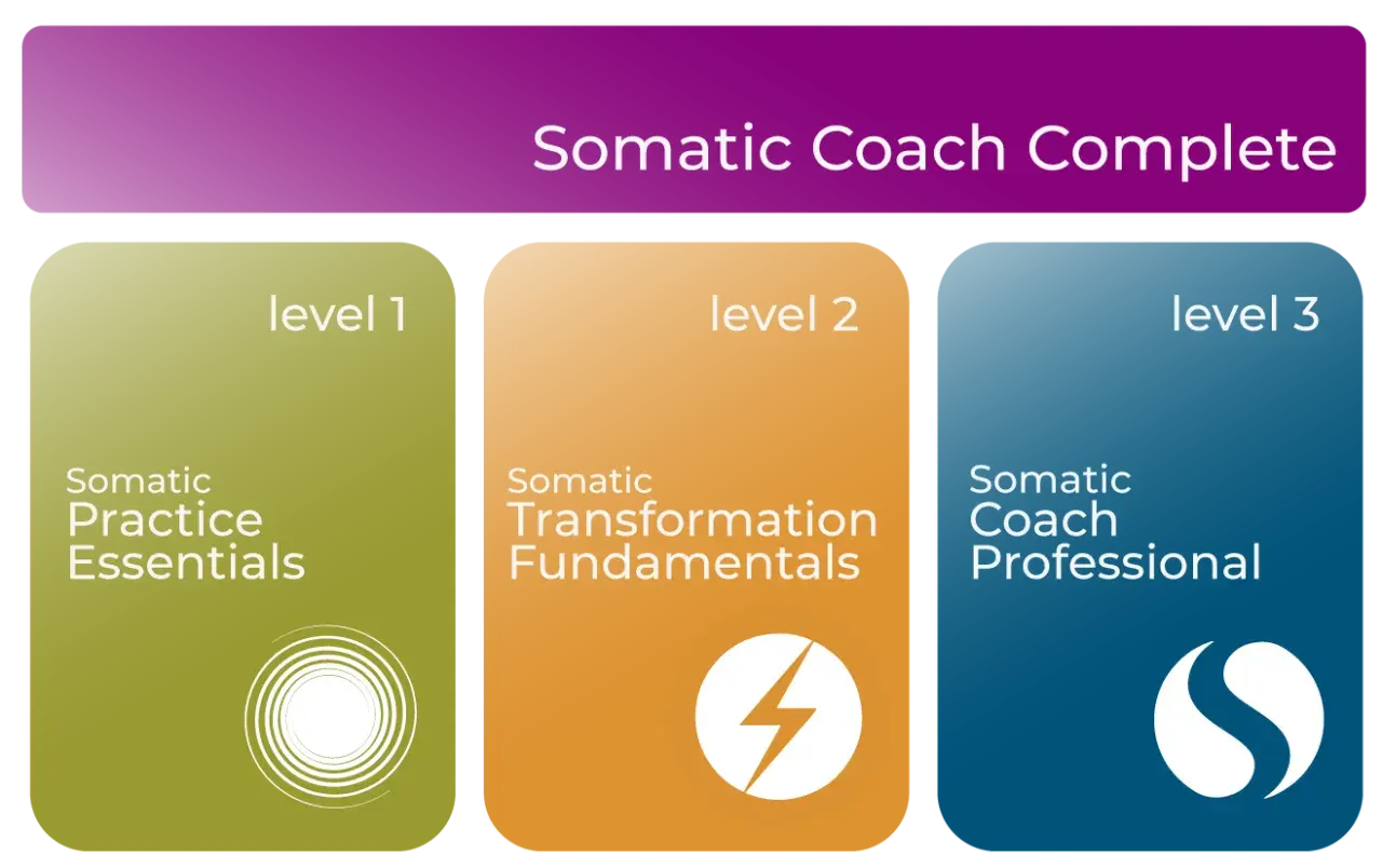 Somatic Coach Complete program outlines three levels: Somatic Practice Essentials, Somatic Transformation Fundamentals, and Somatic Coach Professional, for somatic coaching certification.