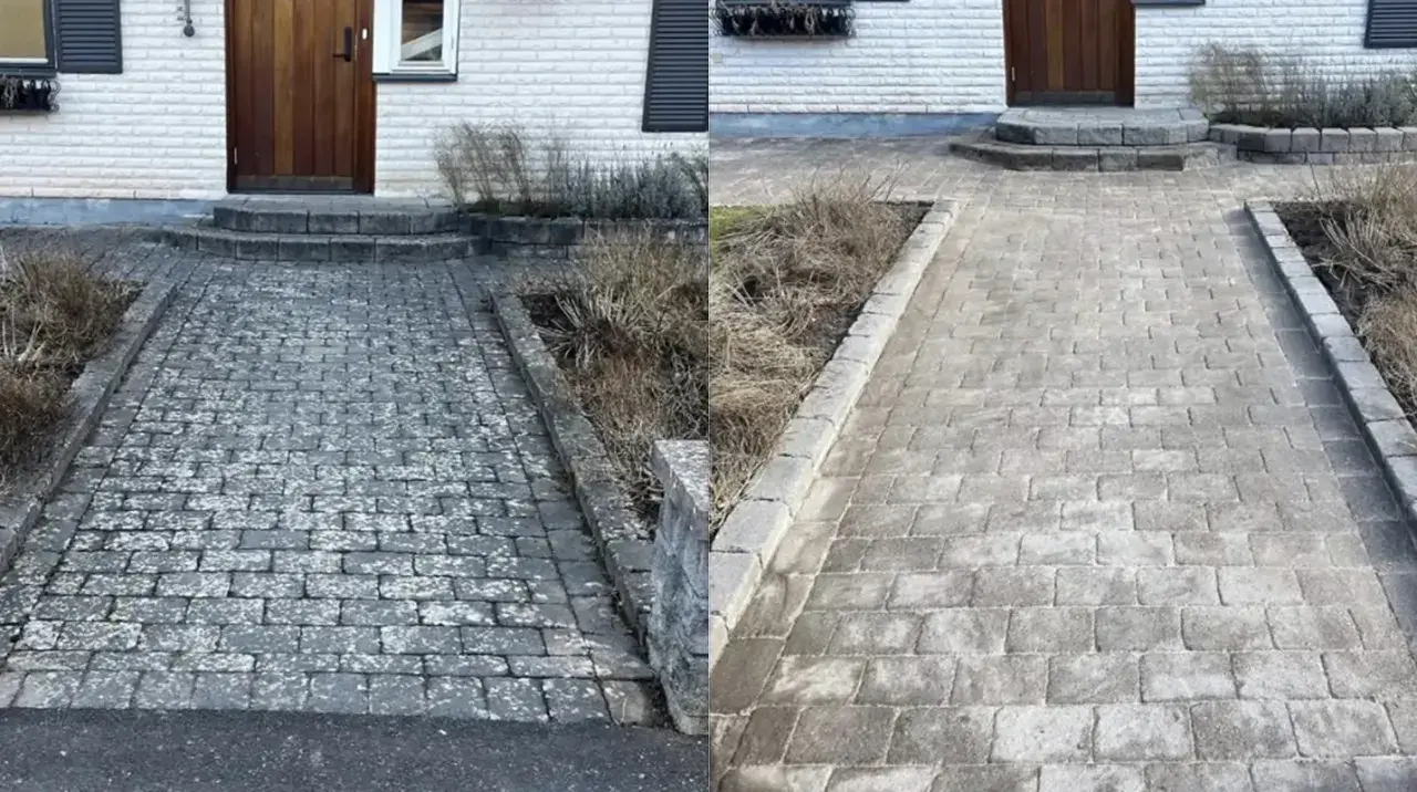 Före och efter-bild som visar hur man kan ta bort mossa på stenplattor med husmorstips. En ren och fräsch gång leder fram till huset.