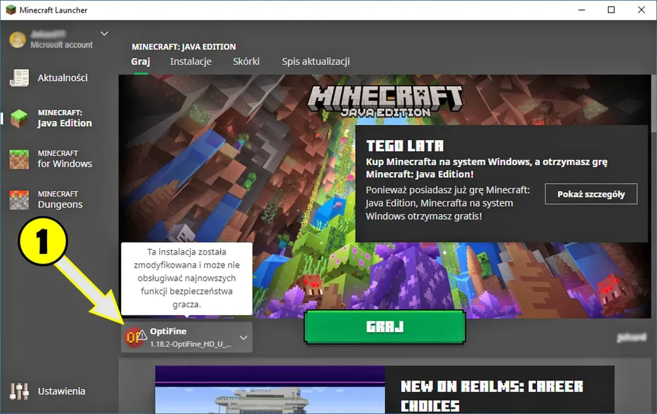 Minecraft Launcher z zainstalowanym OptiFine 1.18.2. Widoczna jest informacja o modyfikacji instalacji i ostrzeżenie.