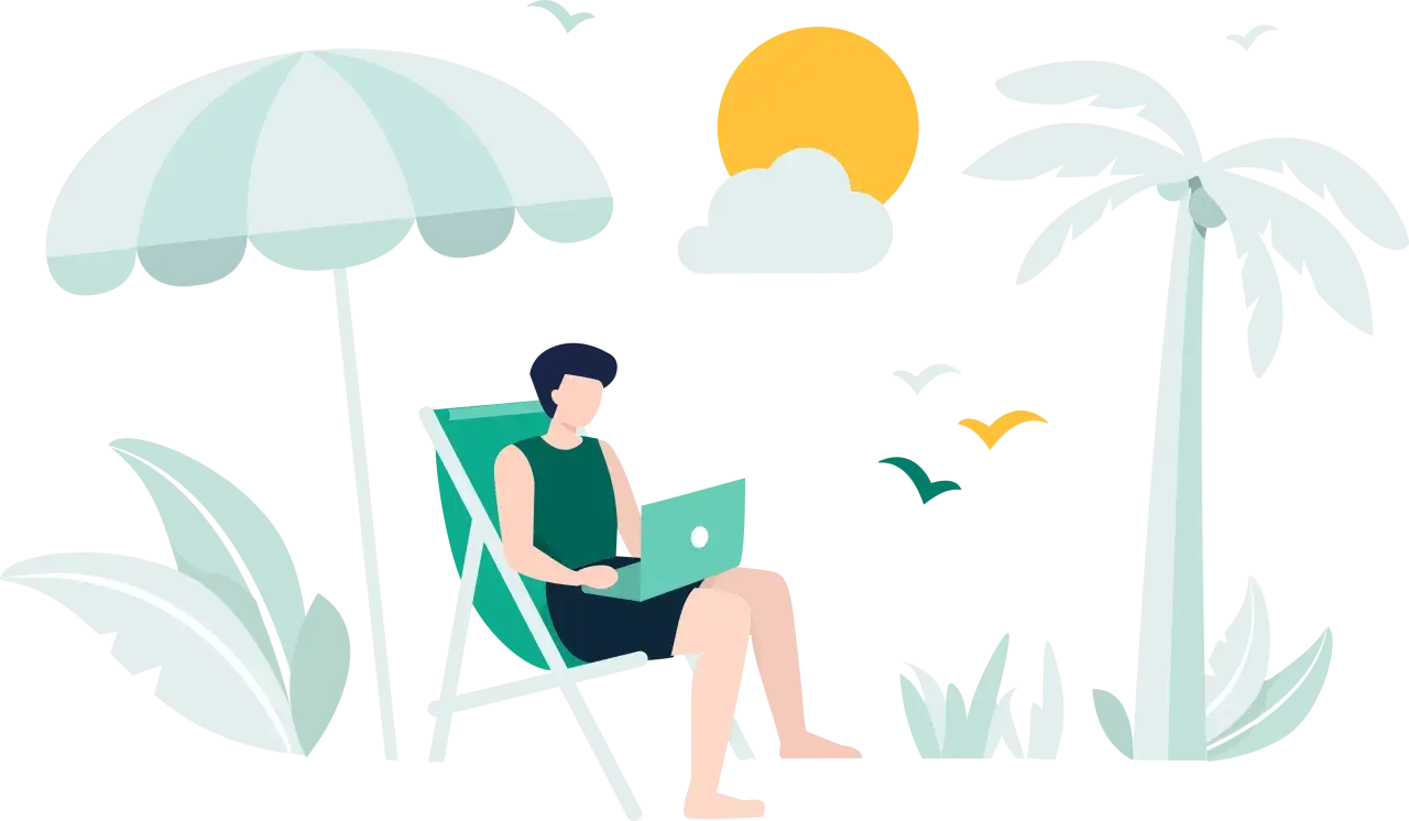 Mężczyzna pracuje na laptopie pod parasolem plażowym, marząc o wakacjach od ZUS 2026. Palmy i słońce dopełniają obraz.