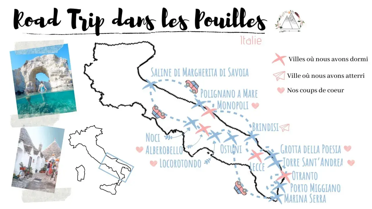 Carte d'un road trip dans les Pouilles, Italie, avec des photos de grottes marines et de trulli. Itinéraire jalonné de villes, de lieux de séjour et de coups de cœur.