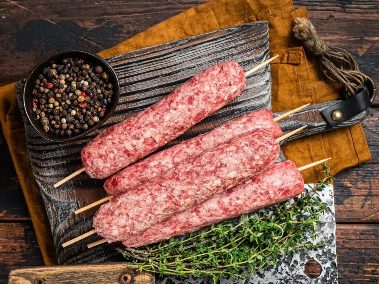 Surowe kofty wołowe na patyczkach, gotowe do grillowania, obok miseczki z pieprzem i gałązki tymianku.