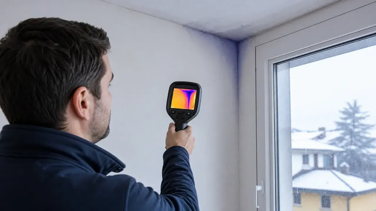 Un tecnico usa una termocamera per rilevare un ponte termico e la muffa in un angolo di una stanza, con una finestra innevata sullo sfondo.