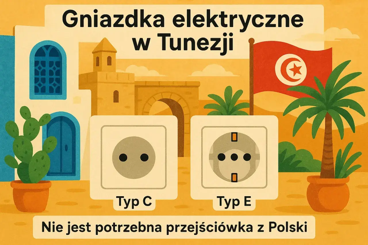 Ilustracja przedstawia dwa typy gniazdek elektrycznych (Typ C i Typ E) na tle tunezyjskiego krajobrazu z flagą Tunezji.