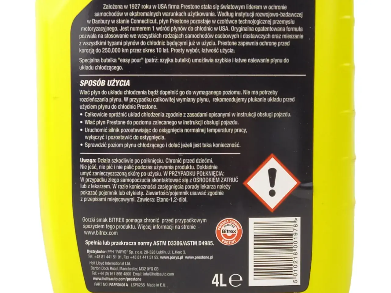 Jasnożółta butelka płynu do chłodnic Prestone z instrukcją użycia i ostrzeżeniami.