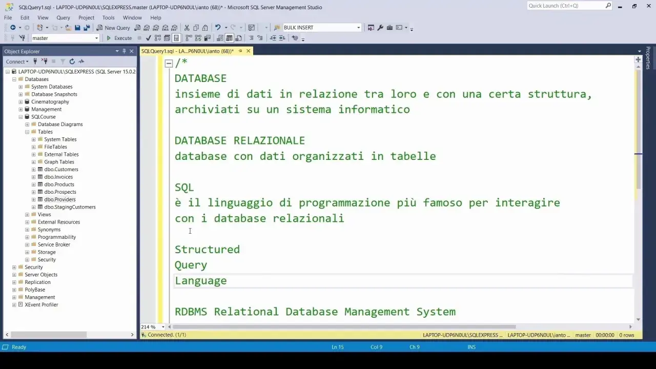 SQL: linguaggio per interagire con database relazionali. Definisce database e database relazionale. RDBMS.