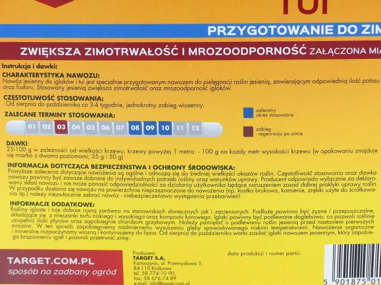 Jesienne nawożenie tui i iglaków zwiększa ich zimotrwałość. Opakowanie zawiera nawóz do pielęgnacji roślin jesienią.