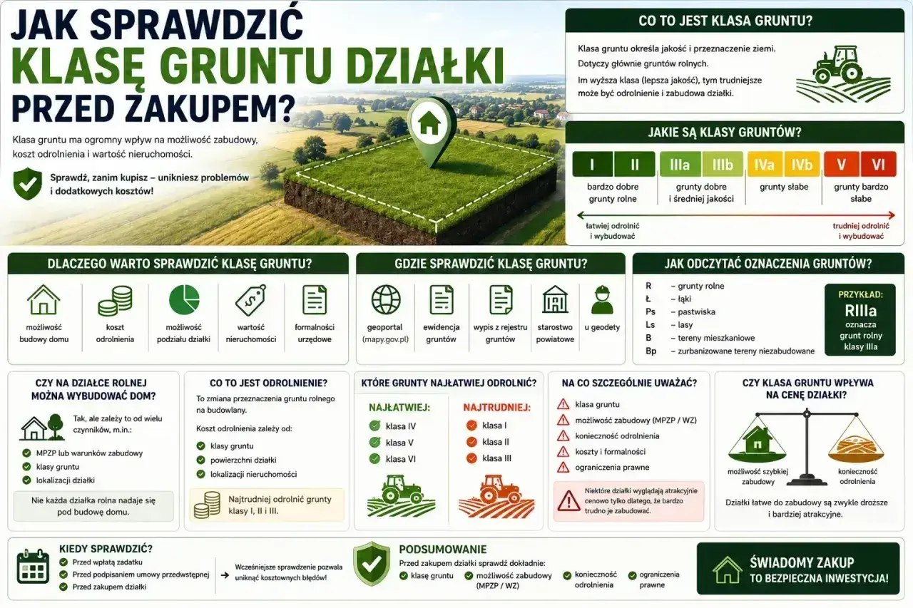 Informacja o klasie gruntu, jej wpływie na podział działki, możliwość zabudowy i koszt odrolnienia.