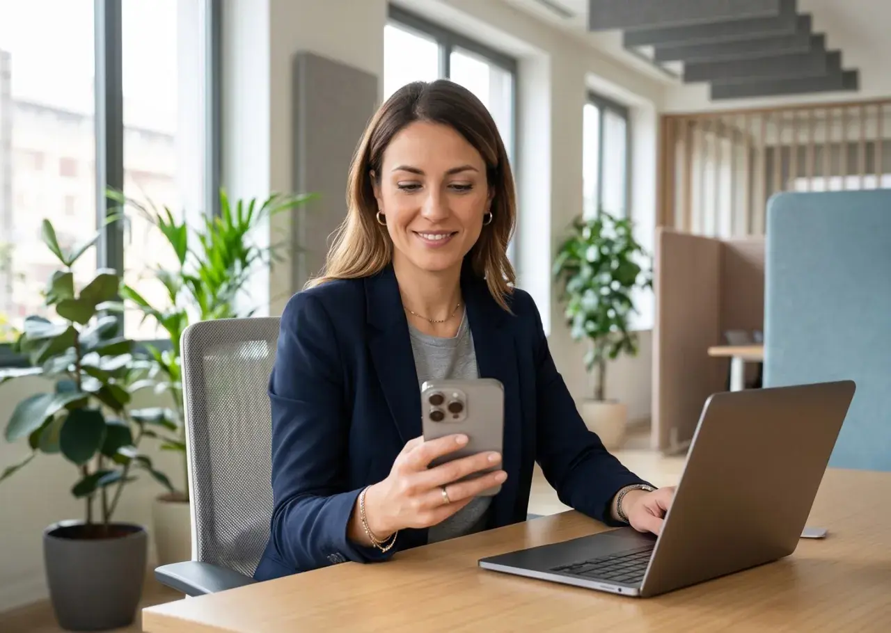 Donna sorridente al telefono, con un laptop aperto. Sembra che stia organizzando la sua astensione dal lavoro.
