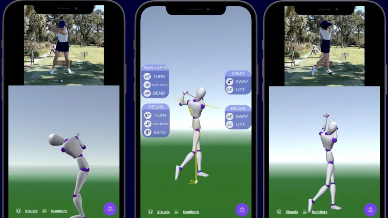 Tre iPhones visar en golfanalysapp. En visar en riktig golfare, en annan en 3D-modell med siffror för en perfekt golfsving.