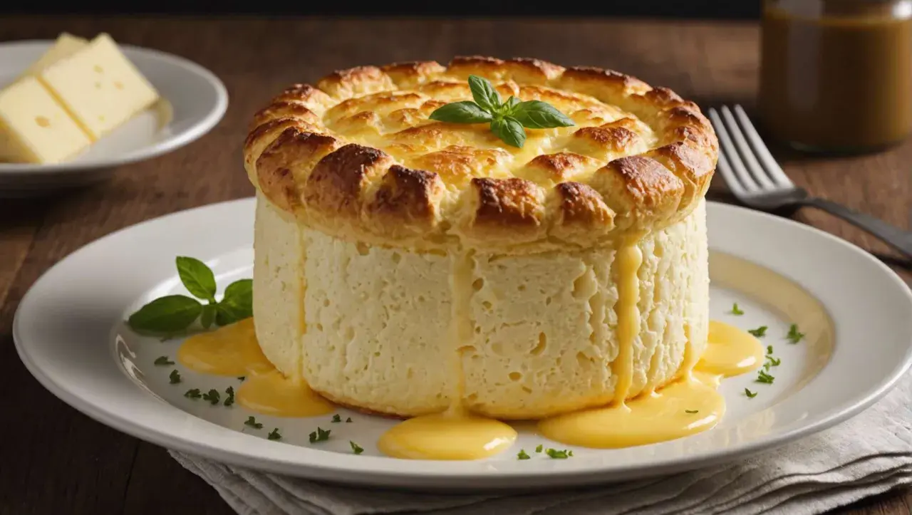Un délicieux soufflé au fromage, doré et gonflé, servi sur une assiette blanche avec une sauce onctueuse.