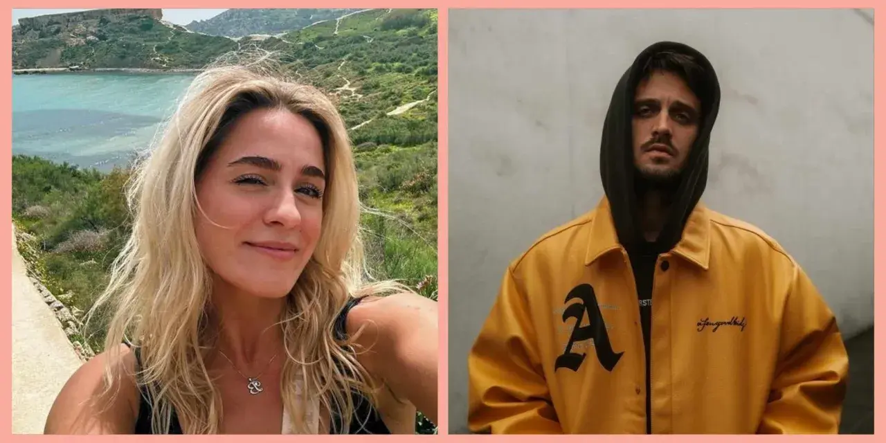 Uśmiechnięta blondynka na tle morza i wzgórz, obok mężczyzna w żółtej kurtce z napisem "gibbs róż tekst".