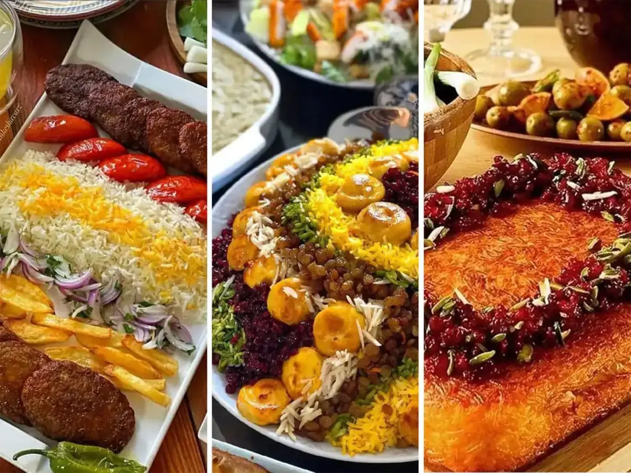 En härlig kompott av persisk mat: grillspett med ris, en färgglad risrätt med frukt och nötter, samt en söt dessert.