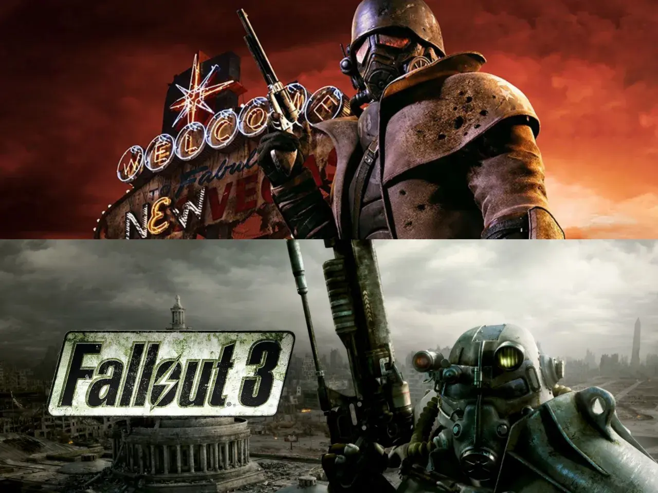 Postapokaliptyczny żołnierz z pistoletem przed neonowym napisem "Welcome to Fabulous New Vegas" i logo Fallout 3. Wygląda jak zapowiedź fallout 3 remaster.