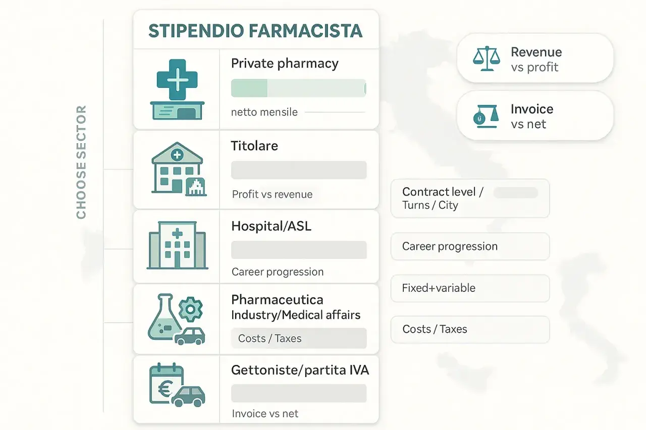 Stipendio dirigente farmacista ospedaliero: confronto tra settori (farmacia privata, titolare, ospedale/ASL, industria farmaceutica, partita IVA) e fattori che influenzano il guadagno.