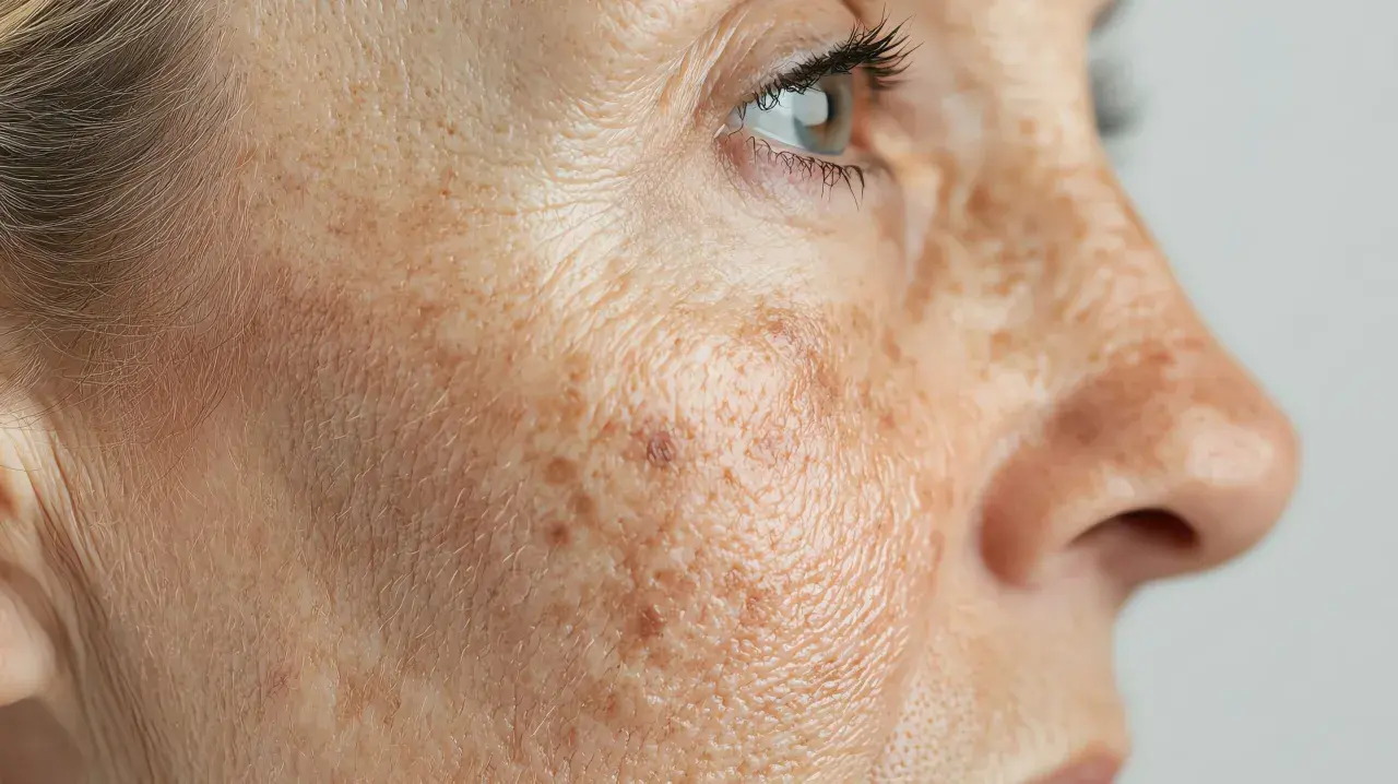 Gros plan sur le visage d'une femme, montrant des taches brunes et des rides. Un exemple de peau avant traitement UV.