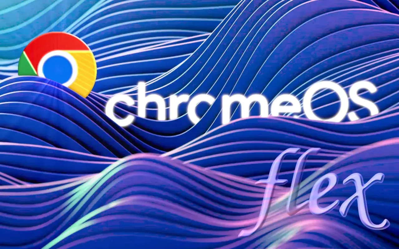 Logo Chrome OS i napis "flex" na tle falujących, niebieskich linii. System operacyjny Chrome OS w nowej, elastycznej odsłonie.