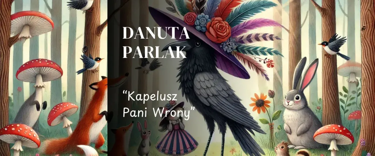 Ilustracja leśna z wroną w ozdobnym kapeluszu, lisem, królikiem, grzybami i ptakami.
