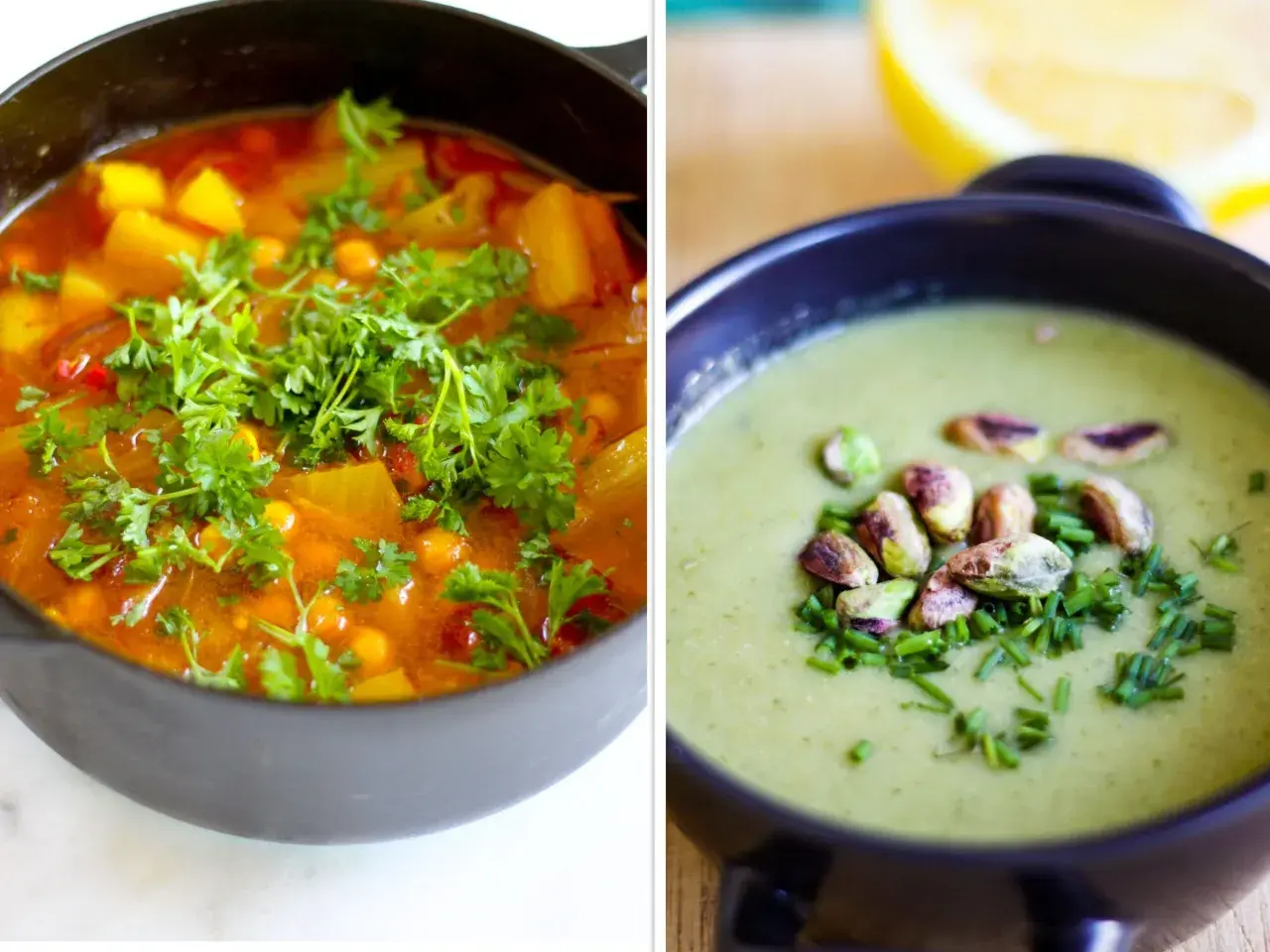Två läckra vegetariska recept: en mustig gryta med kikärtor och grönsaker, toppad med persilja, och en krämig grön soppa med pistagenötter och gräslök.