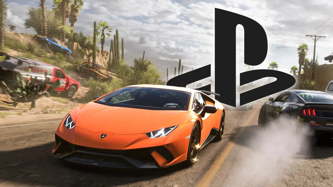 Rennwagen rasen durch eine staubige Wüstenlandschaft, bereit für den Forza Horizon 5 Release. Ein orangefarbener Lamborghini und ein Mustang mit Monster Energy-Aufklebern dominieren die Szene.