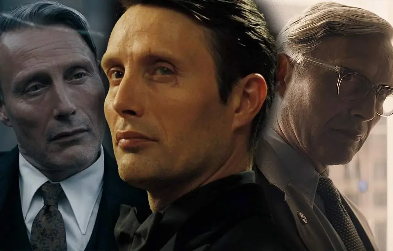 Mads Mikkelsen i tre olika roller, en intensiv blick från den mellersta bilden, en äldre man med glasögon till höger och en man i kostym till vänster.