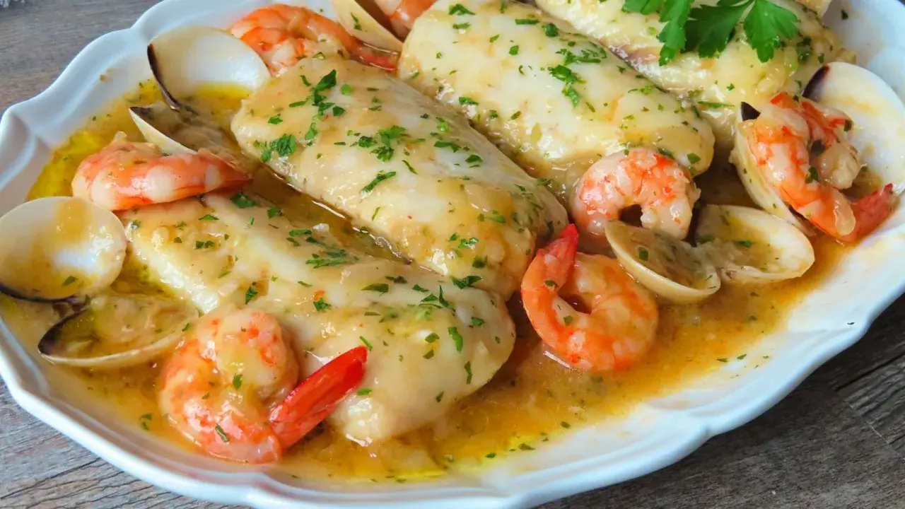 Merluza a la marinera con patatas, gambas y almejas en una salsa dorada.