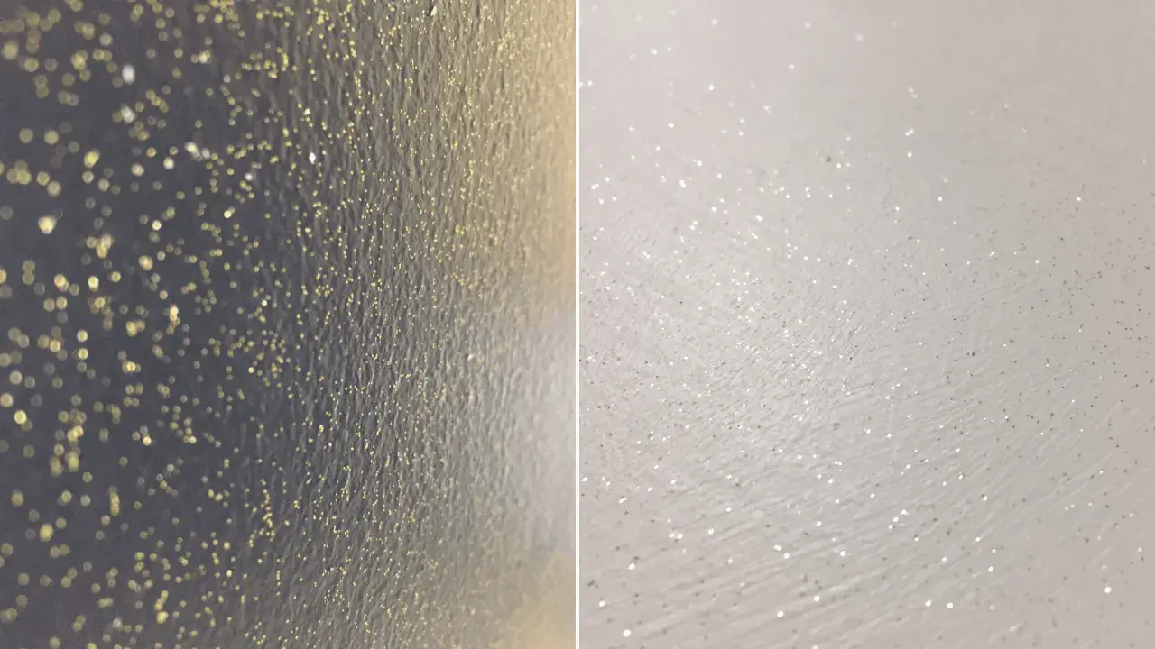 Pareti con brillantini dorati e argentati, un effetto scintillante che cattura la luce.