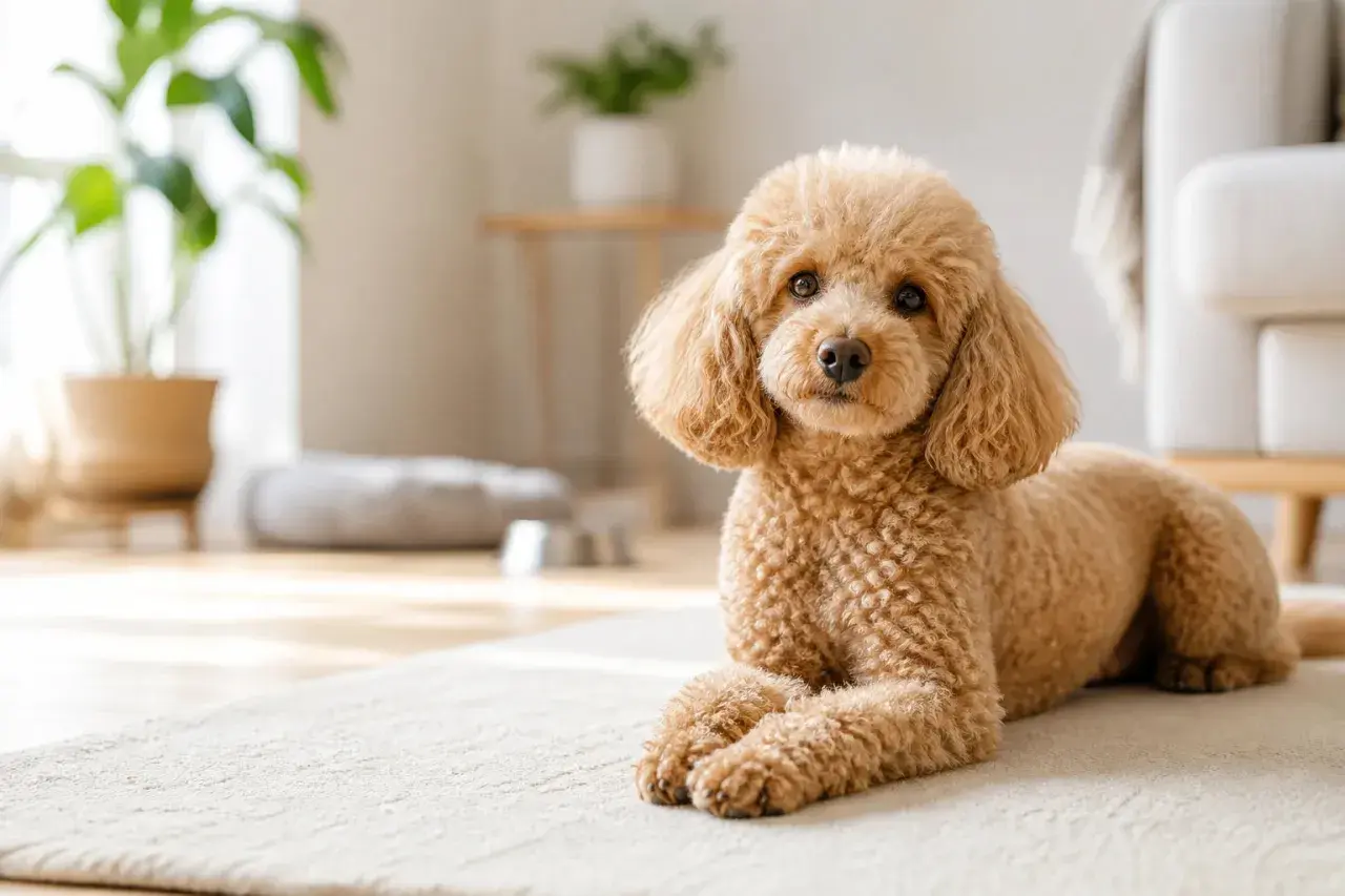 Caniche marrón tumbado en una alfombra, con plantas y muebles de fondo. Aunque son perros sanos, se debe vigilar de qué suelen morir los caniches.