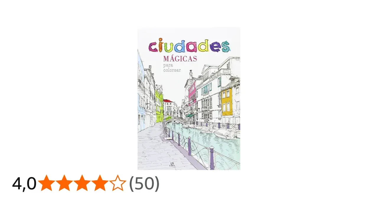 Libro de "ciudades mágicas para colorear" con una ilustración de un canal veneciano.