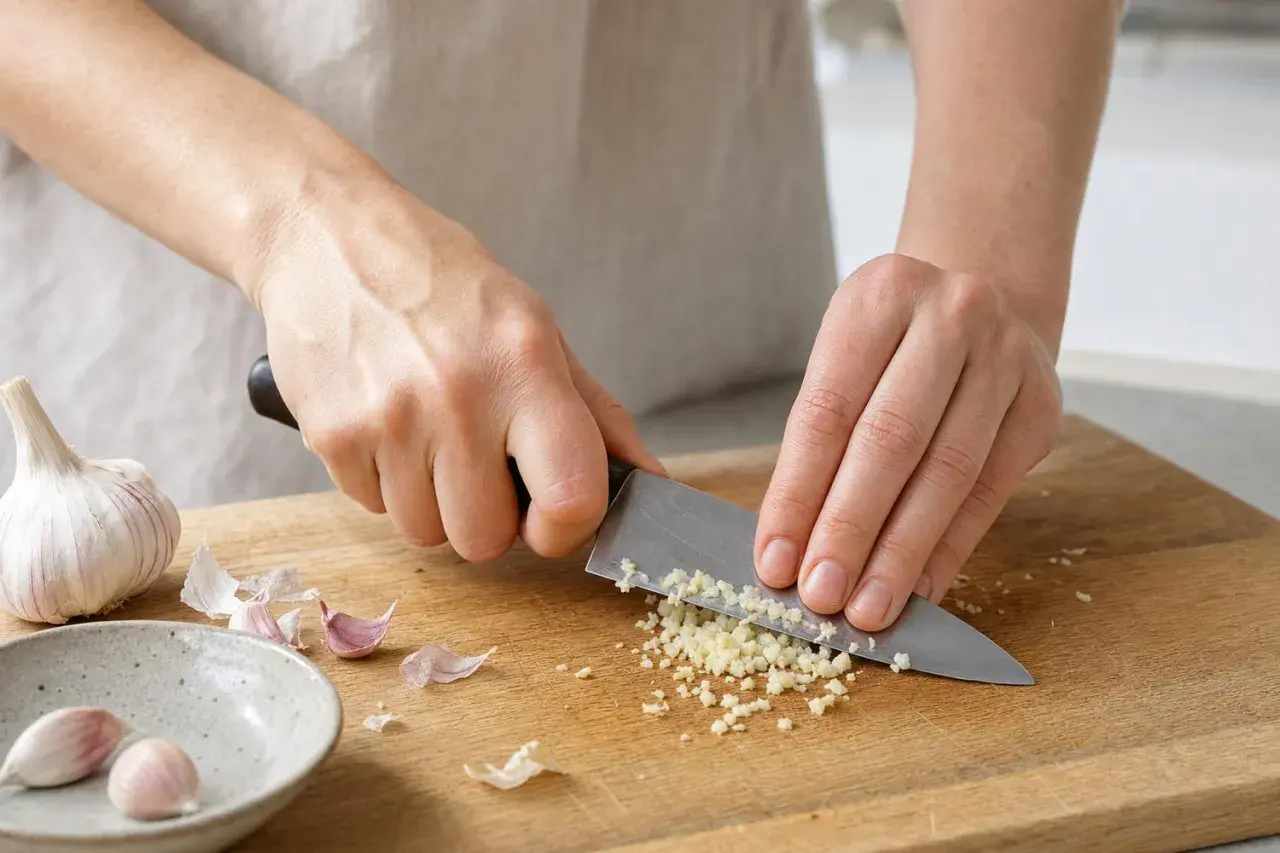 Mani che tritano finemente l'aglio su un tagliere di legno, esaltando le sue proprietà benefiche in cucina.