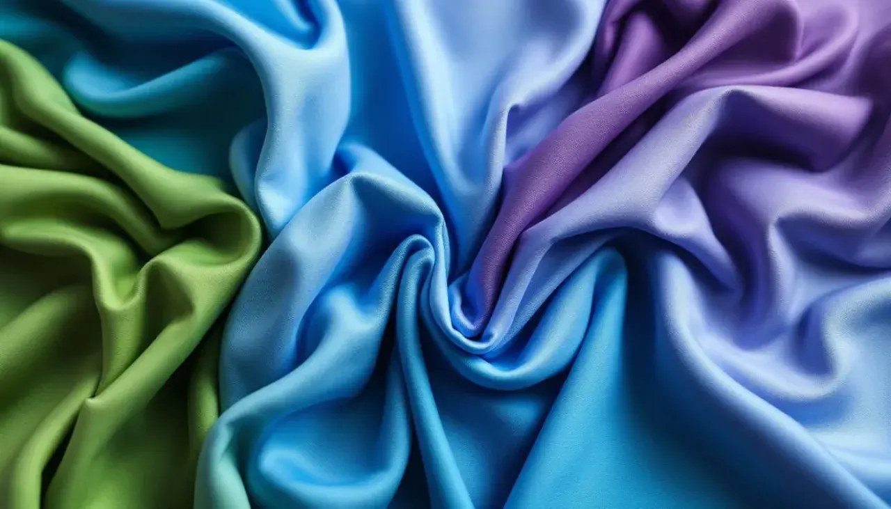 Drapé de viscose rayon aux couleurs dégradées, du vert au bleu puis au violet, évoquant un ciel changeant.